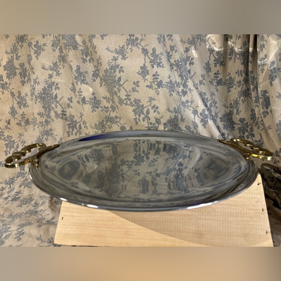 VTG MCM Kromex Chrome Round Serving Platter with Gold-Toned Handles - Picture 2 of 9